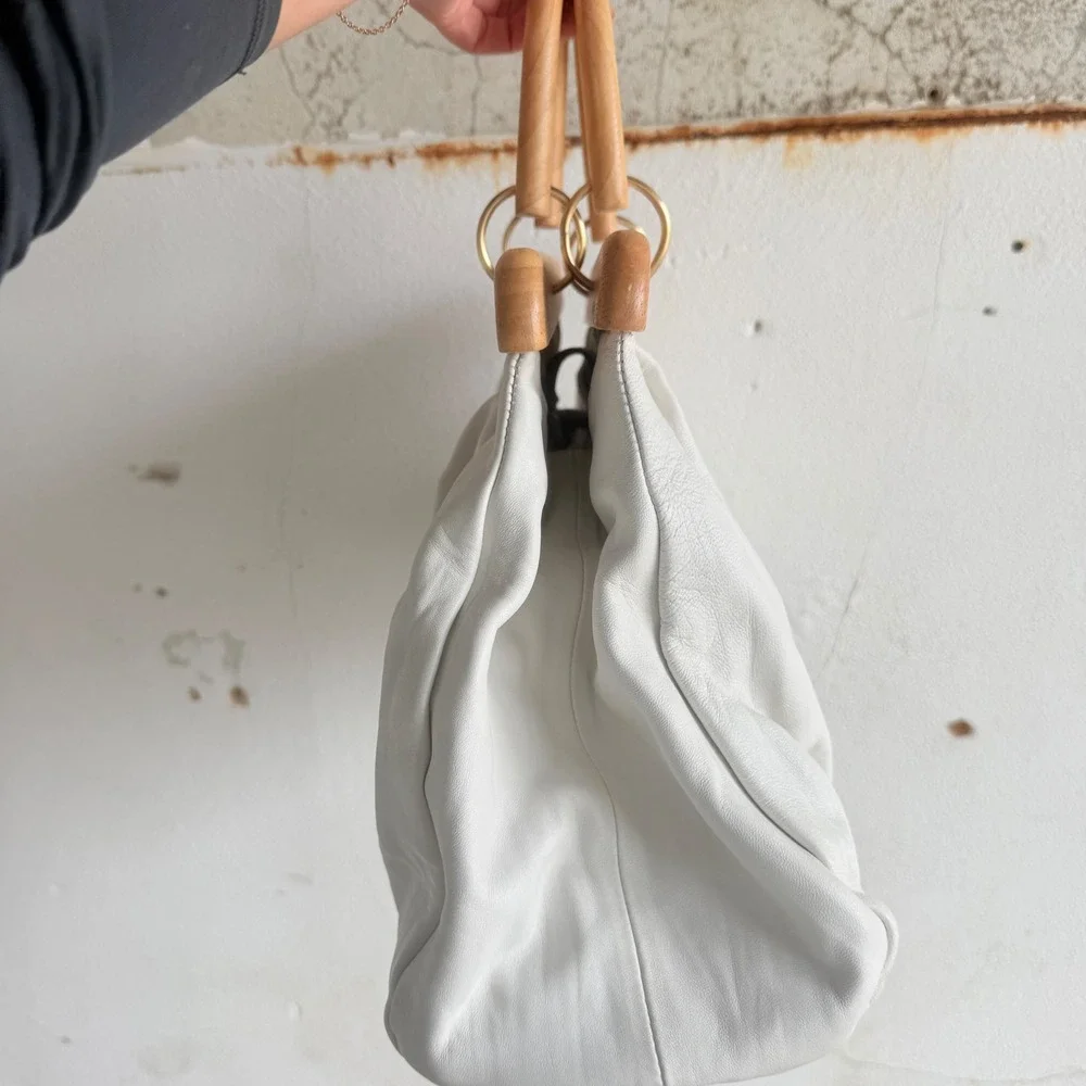 Vtg Adrienne Vittadini Leather Handbag Wood Handle Frame Bag White Vintage Purse